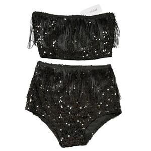Nasty Gal NEW Black Sequin Fringe Top & High Waisted Bottoms - 6